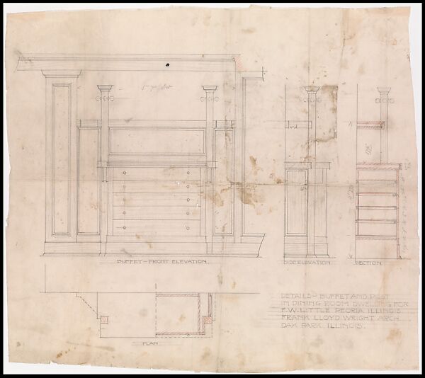 Francis W. Little House, Peoria, Illinois: Details - Buffet and Post in Dining Room, Frank Lloyd Wright (American, Richland Center, Wisconsin 1867–1959 Phoenix, Arizona) and Studio, Graphite and red pencil 