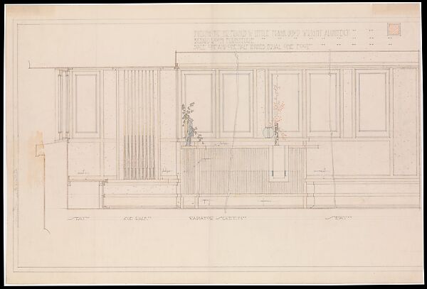 Francis W. Little House: Billiard Room Furniture- Seat, Cue Rack, Radiator Screen, Seat, Frank Lloyd Wright (American, Richland Center, Wisconsin 1867–1959 Phoenix, Arizona) and Studio, Graphite, yellow, brown, blue and orange pencil 