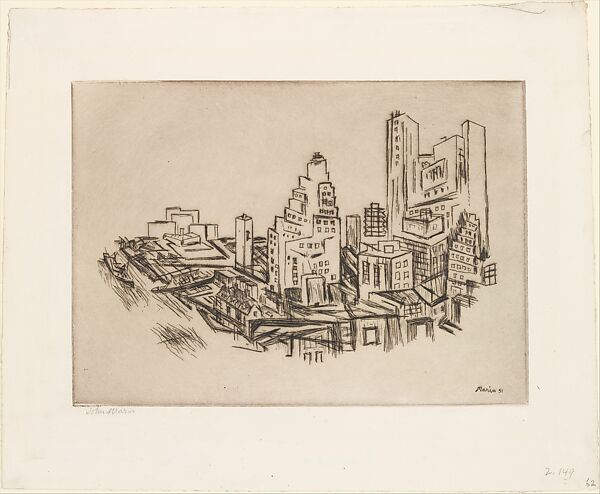 Lower Manhattan from the Bridge, John Marin (American, Rutherford, New Jersey 1870–1953 Cape Split, Maine), Etching 