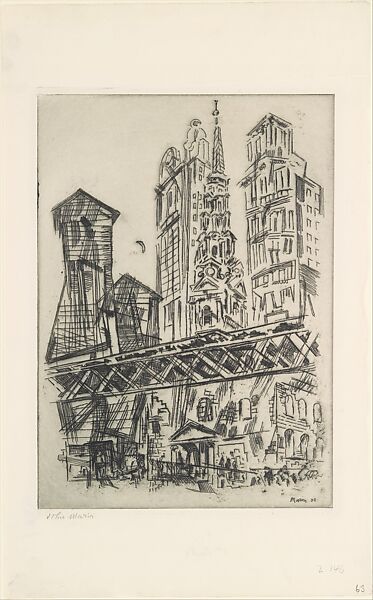 St. Paul's against the El, John Marin (American, Rutherford, New Jersey 1870–1953 Cape Split, Maine), Etching 