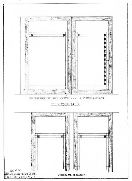 Francis W. Little House: Detail of Glass, Living Room Bay, Schemes 1 and 2, Frank Lloyd Wright (American, Richland Center, Wisconsin 1867–1959 Phoenix, Arizona) and Studio, Graphite and orange and green colored pencil