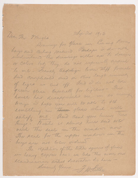 Letter: Francis W. Little to Frank Lloyd Wright, September 24, 1913 (copy), Written by Francis W. Little (American, 19th–20th century), Carbon 