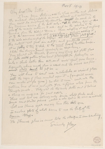 Letter: Frank Lloyd Wright to Francis W. Little, November 8, 1913, Written by Frank Lloyd Wright (American, Richland Center, Wisconsin 1867–1959 Phoenix, Arizona), Graphite 