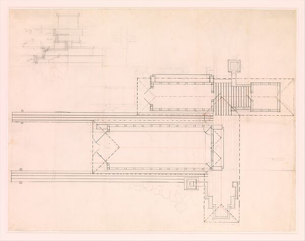 Stable: Plan, Frank Lloyd Wright (American, Richland Center, Wisconsin 1867–1959 Phoenix, Arizona) and Studio, Ink over graphite with red pencil additions 