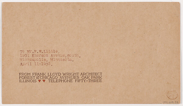 Letter: Frank Lloyd Wright to Francis W. Little, 11 April, 1908, Written by Frank Lloyd Wright (American, Richland Center, Wisconsin 1867–1959 Phoenix, Arizona), Brown type, graphite and ink