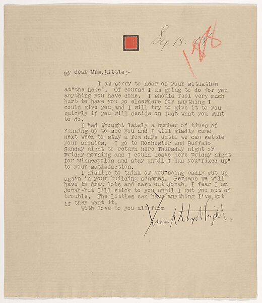 Letter: Frank Lloyd Wright to Mrs. Francis W. Little, September 18, 1908, Written by Frank Lloyd Wright (American, Richland Center, Wisconsin 1867–1959 Phoenix, Arizona), Brown type, black ink 