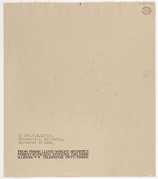 Letter: Frank Lloyd Wright to Mrs. Francis W. Little, September 18, 1908, Written by Frank Lloyd Wright (American, Richland Center, Wisconsin 1867–1959 Phoenix, Arizona), Brown type, black ink