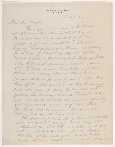 Lettter: Francis W. Little to Frank Lloyd Wright, October 8, 1912 (copy), Written by Francis W. Little (American, 19th–20th century), Carbon 
