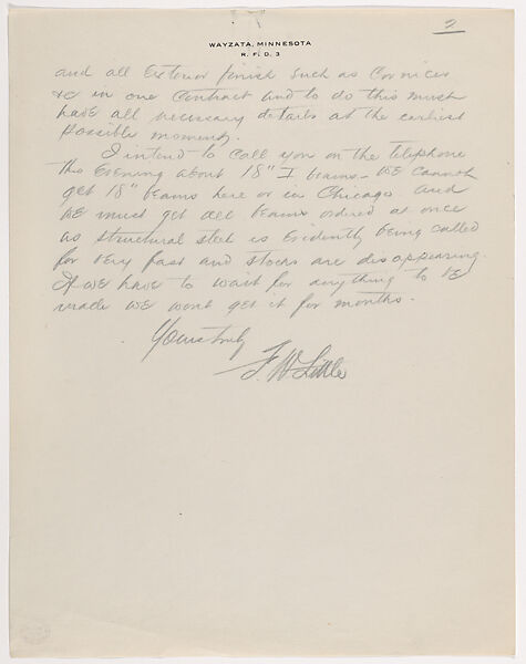 Lettter: Francis W. Little to Frank Lloyd Wright, October 8, 1912 (copy), Written by Francis W. Little (American, 19th–20th century), Carbon