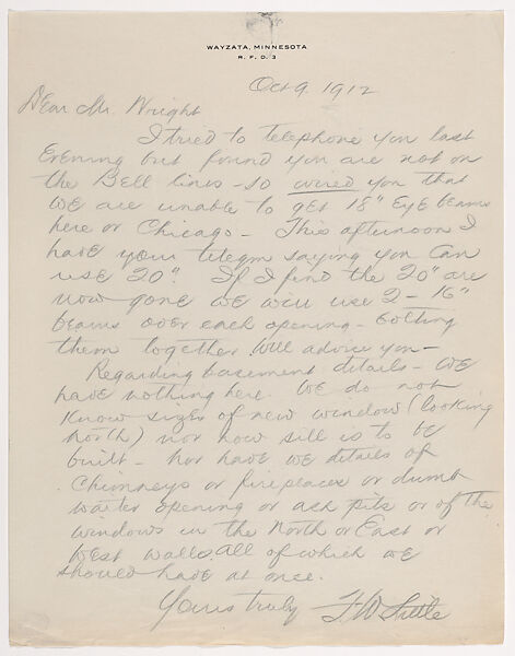 Letter; Francis W. Little to Frank Lloyd Wright, October 9, 1912 (copy), Written by Francis W. Little (American, 19th–20th century), Carbon 