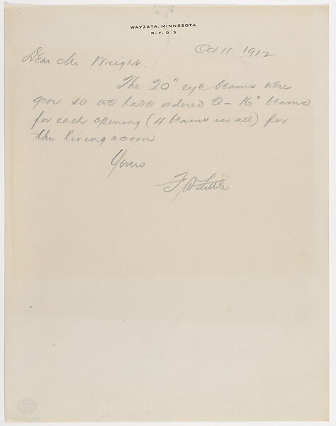 Letter: Francis W. Little to Frank Lloyd Wright, October 11, 1912 (copy), Written by Francis W. Little (American, 19th–20th century), Carbon 