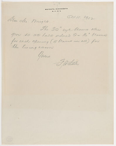 Letter: Francis W. Little to Frank Lloyd Wright, October 11, 1912 (copy)