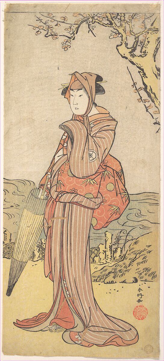 Iwai Kiyotaro as a Woman Standing under a Plum Tree, Katsukawa Shunkō (Japanese, 1743–1812), Woodblock print; ink and color on paper, Japan 