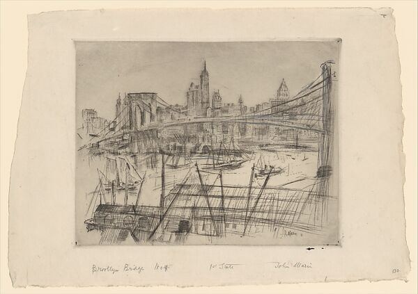Brooklyn Bridge (oblong), John Marin (American, Rutherford, New Jersey 1870–1953 Cape Split, Maine), Etching 