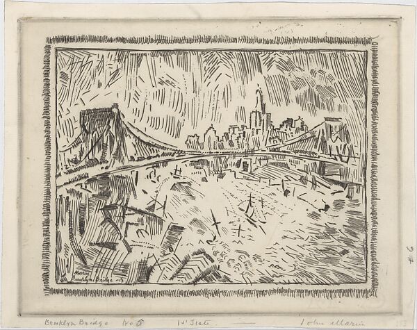 Brooklyn Bridge and Lower New York, John Marin (American, Rutherford, New Jersey 1870–1953 Cape Split, Maine), Etching; first state of two 