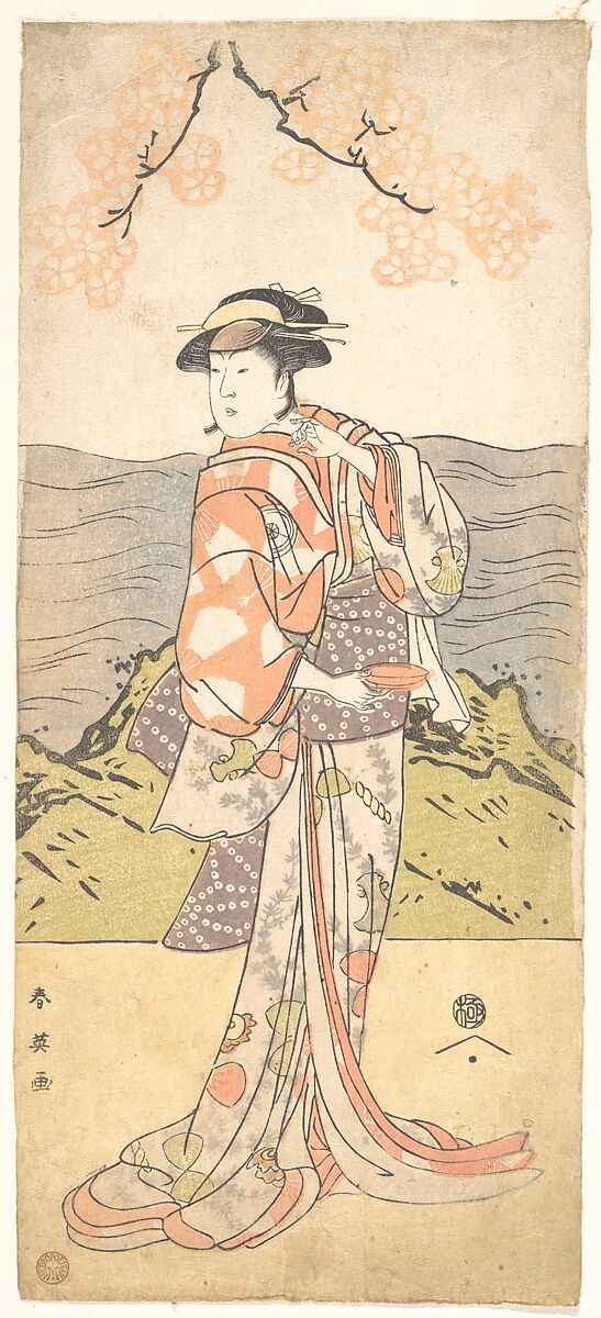 The Fourth Iwai Hanshiro as a Woman Standing Beneath a Cherry Tree, Katsukawa Shun&#39;ei 勝川春英 (Japanese, 1762–1819), Woodblock print; ink and color on paper, Japan 