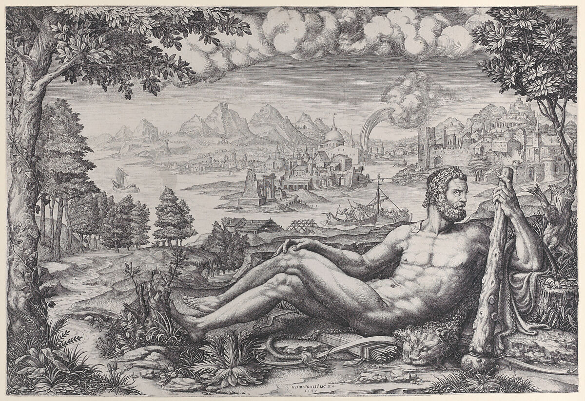 Hercules Resting from His Labors, Giorgio Ghisi (Italian, Mantua ca. 1520–1582 Mantua), Engraving; second state of two