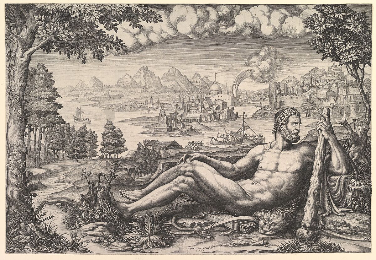 Hercules Resting from His Labors, Giorgio Ghisi  Italian, Engraving; second state of two