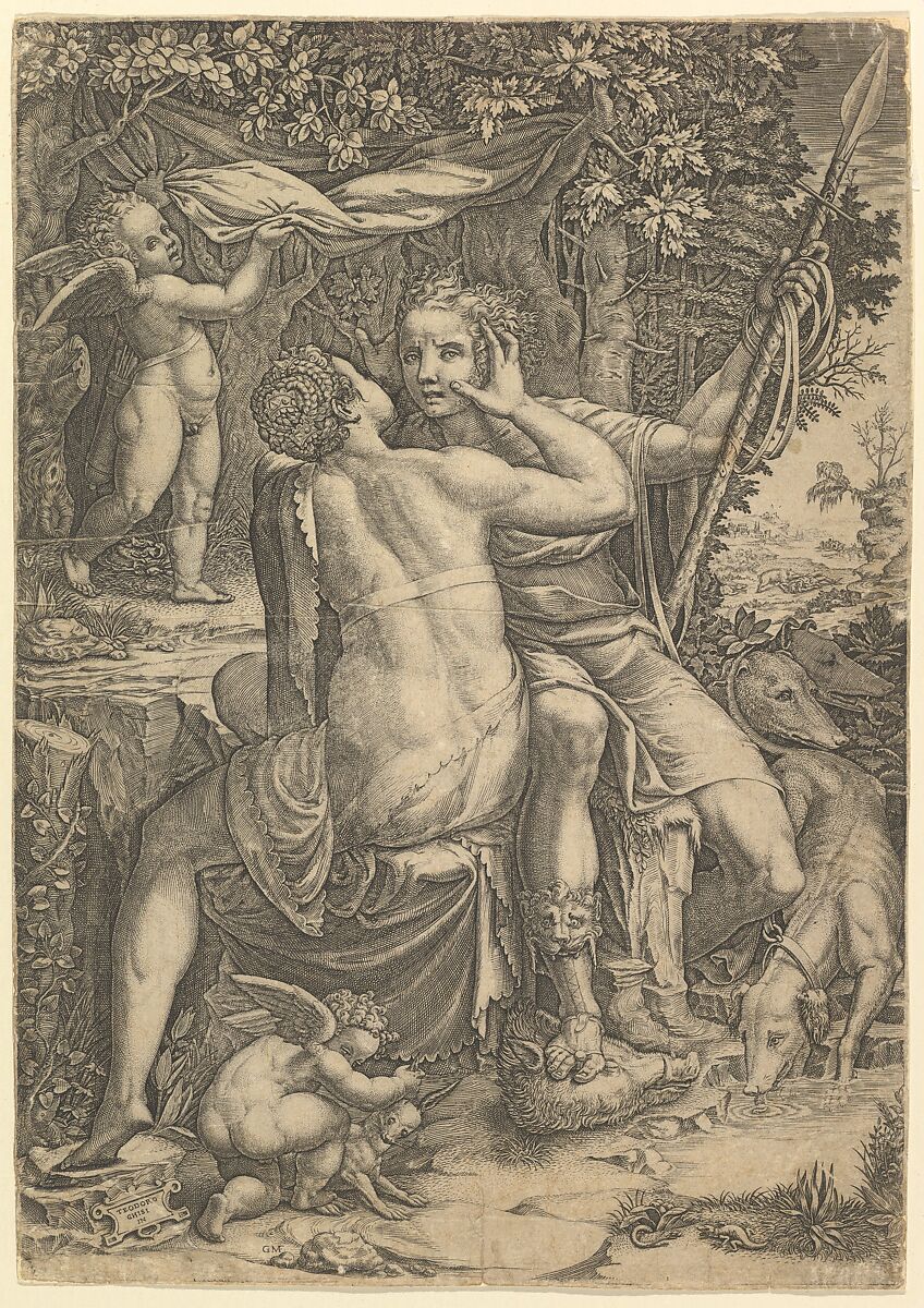 Venus and Adonis, Giorgio Ghisi (Italian, Mantua ca. 1520–1582 Mantua), Engraving 