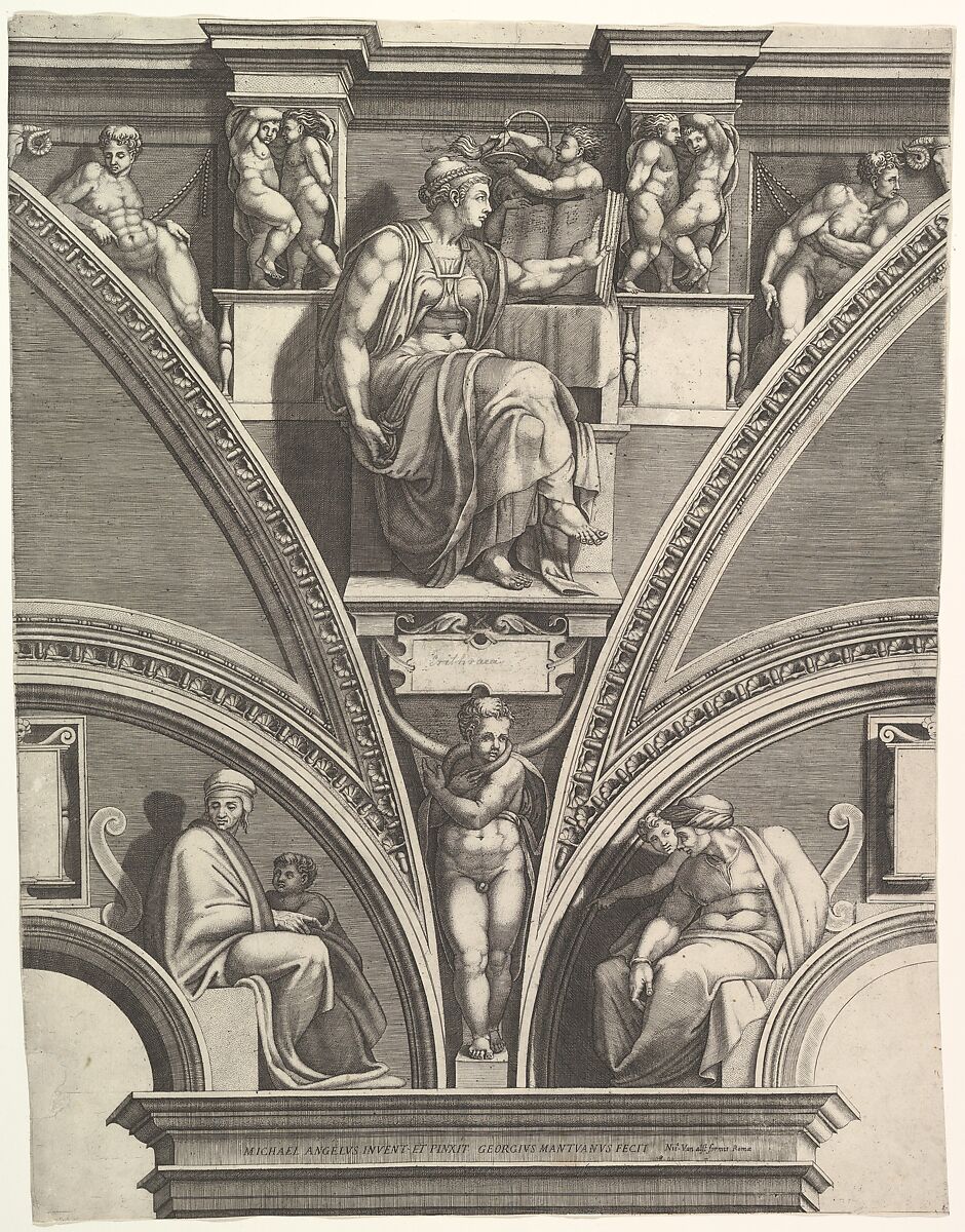 The Eritrean Sibyl; from the series of Prophets and Sibyls in the Sistine Chapel, Giorgio Ghisi (Italian, Mantua ca. 1520–1582 Mantua), Engraving; second state of five (BLL) 