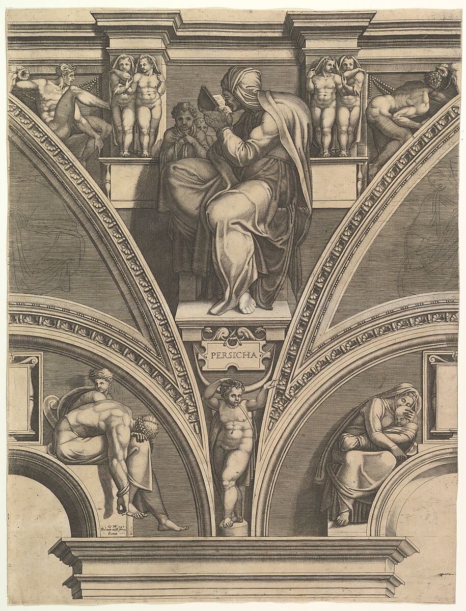 The Persian Sibyl, from "Prophets and Sibyls in the Sistine Chapel", Giorgio Ghisi (Italian, Mantua ca. 1520–1582 Mantua), Engraving; second state of three (BLL) 