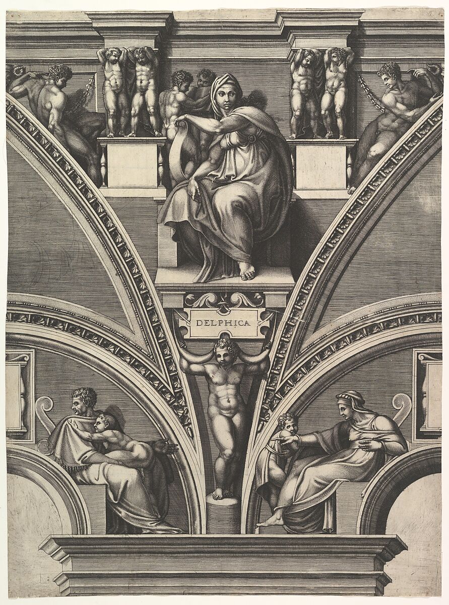 The Delphic Sibyl; from the series of Prophets and Sibyls in the Sistine Chapel, Giorgio Ghisi (Italian, Mantua ca. 1520–1582 Mantua), Engraving; first state of four (BLL) 