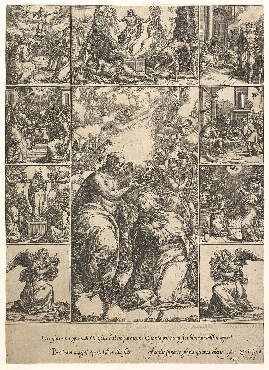 The Coronation of the Virgin; surrounded by nine vignettes with scenes from the life of Christ and the Virgin, Engraved by Giorgio Ghisi (Italian, Mantua ca. 1520–1582 Mantua), Engraving 