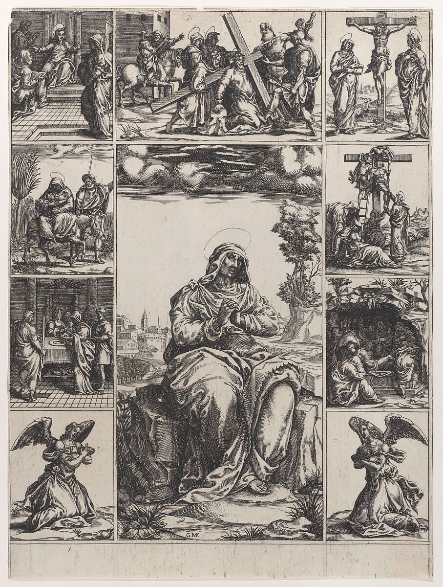 The Virgin of Sorrows; an image of the Virgin Mary surrounded by nine vignettes depicting scenes of her life, Giorgio Ghisi (Italian, Mantua ca. 1520–1582 Mantua), Engraving