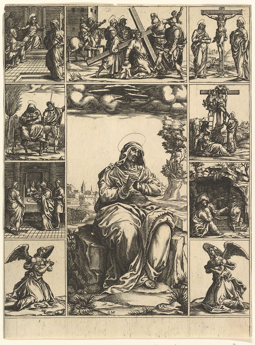 The Virgin of Sorrows; an image of the Virgin Mary surrounded by nine vignettes depicting scenes of her life, Giorgio Ghisi (Italian, Mantua ca. 1520–1582 Mantua), Engraving 