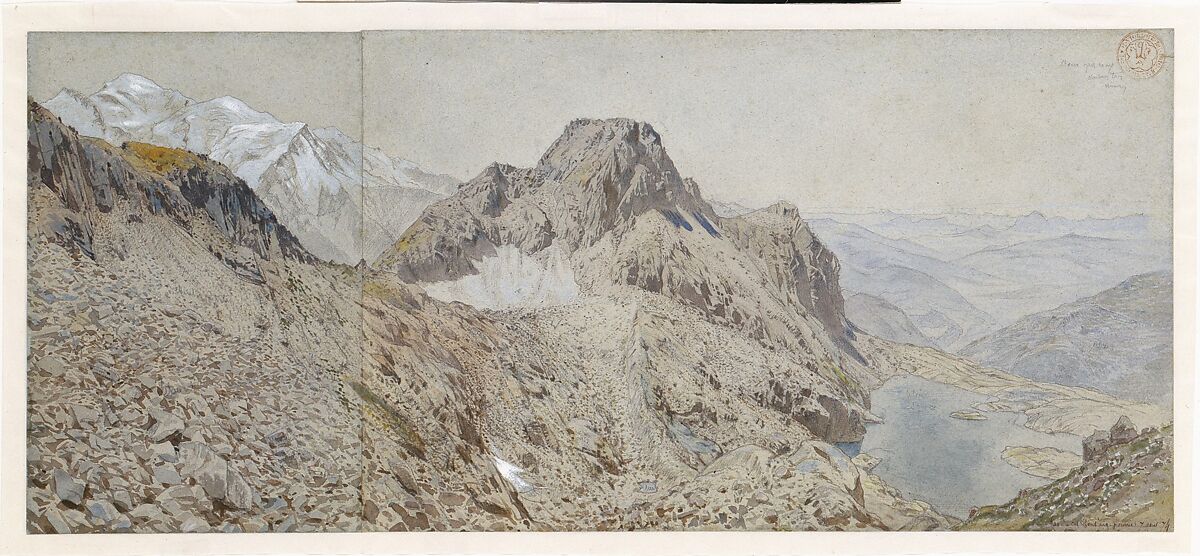 Mont Blanc Seen from the Massif, Les Aiguilles Rouges, Eugène-Emmanuel Viollet-le-Duc (French, Paris 1814–1879 Lausanne), Watercolor heightened with gouache over traces of graphite on two sheets of blue-gray wove paper (glued together in a vertical seam at left)