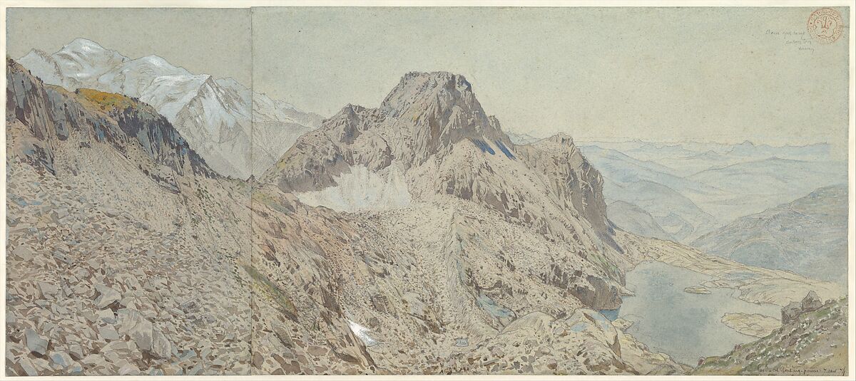 Mont Blanc Seen from the Massif, Les Aiguilles Rouges, Eugène-Emmanuel Viollet-le-Duc (French, Paris 1814–1879 Lausanne), Watercolor heightened with gouache over traces of graphite on two sheets of blue-gray wove paper (glued together in a vertical seam at left) 