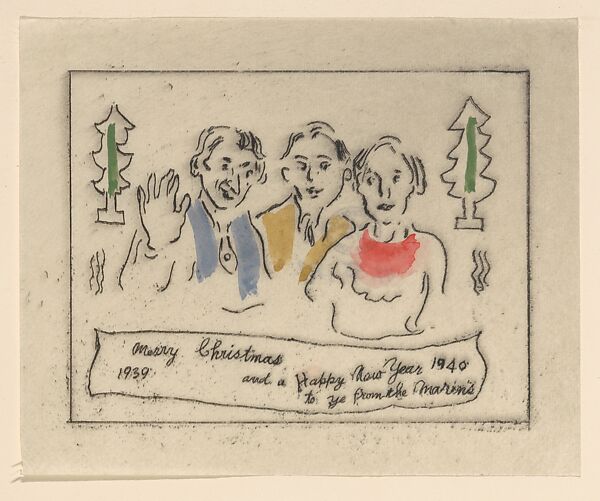 Merry Christmas 1939 Happy New Year 1940, John Marin (American, Rutherford, New Jersey 1870–1953 Cape Split, Maine), Etching and hand-colored watercolor 
