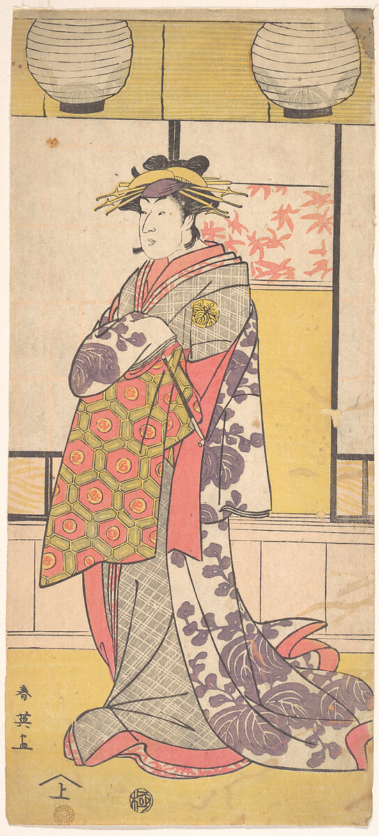 Nakayama Tatezo as a Courtesan Standing, Facing Toward the Left, Katsukawa Shun&#39;ei 勝川春英 (Japanese, 1762–1819), Woodblock print; ink and color on paper, Japan 