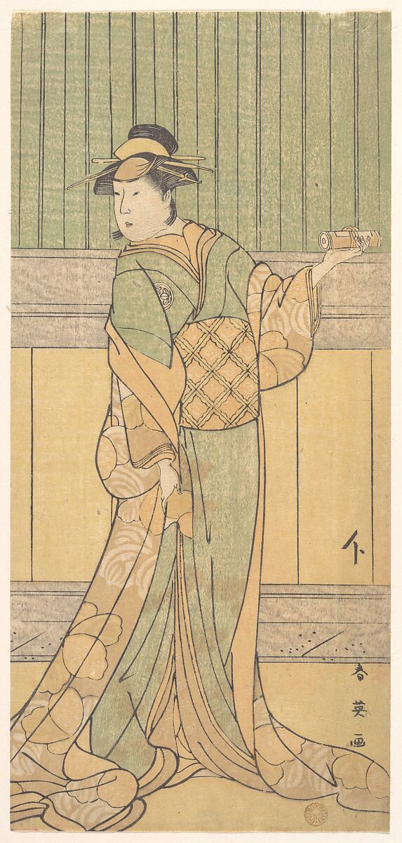 Osagawa Tsuneyo as a Woman Standing in a Room, Katsukawa Shun&#39;ei 勝川春英 (Japanese, 1762–1819), Woodblock print; ink and color on paper, Japan 