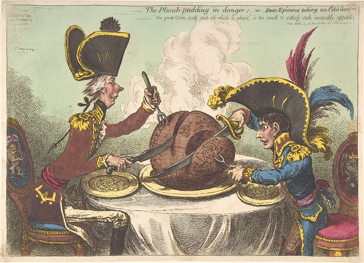 The Plumb-Pudding in Danger;–or–State Epicures Taking un Petit Souper, James Gillray (British, London 1756–1815 London), Hand-colored etching 