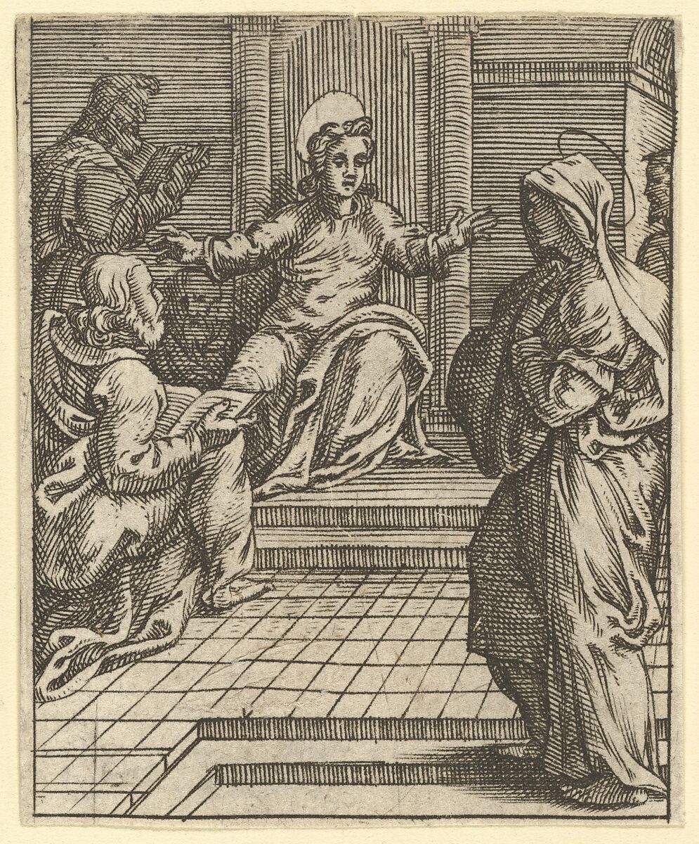 The Virgin of Sorrows: Christ Disputing with the Doctors; one of nine surrounding compartments from the Virgin of Sorrows, now separated, Giorgio Ghisi (Italian, Mantua ca. 1520–1582 Mantua), Engraving 
