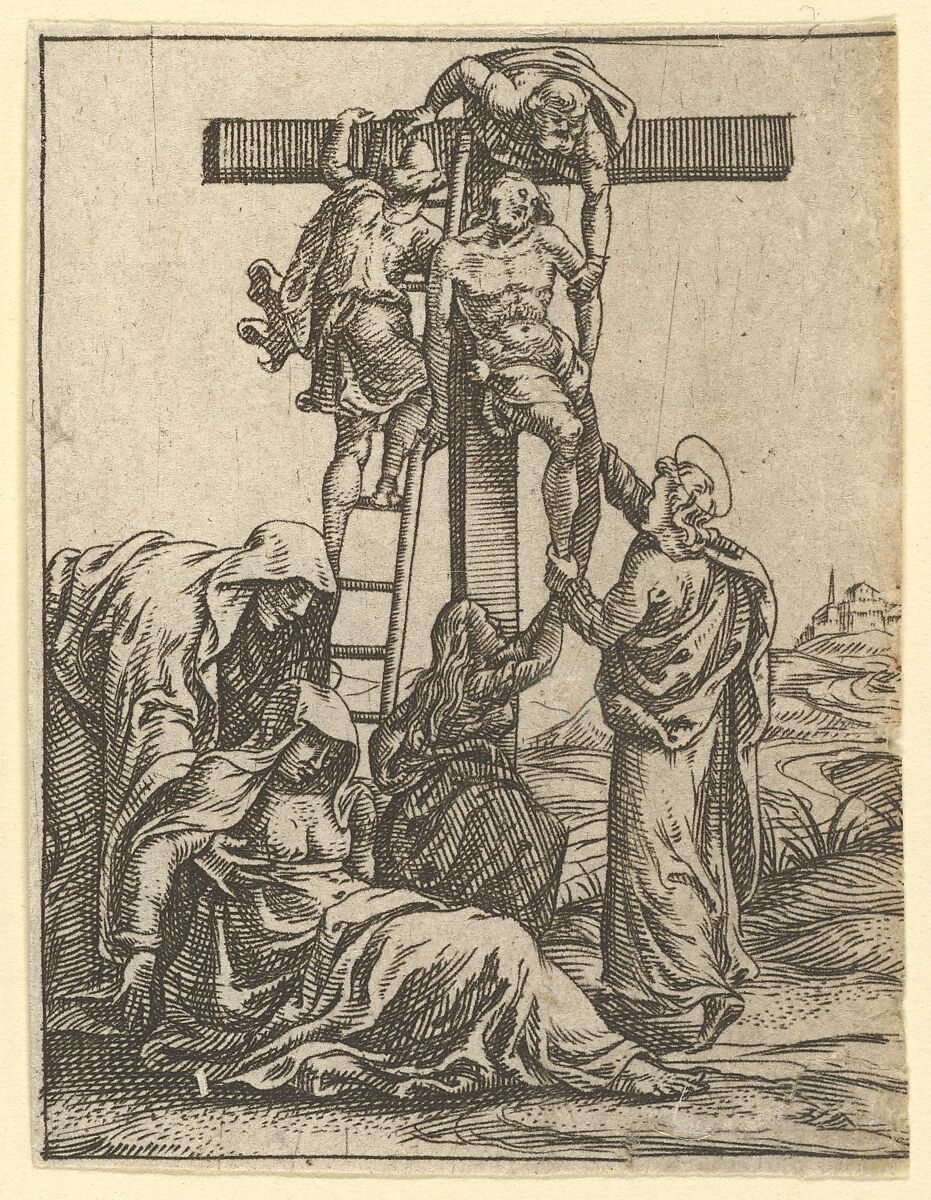 The Virgin of Sorrows: The Descent from the Cross; one of nine surrounding compartments from the Virgin of Sorrows, now separated, Engraved by Giorgio Ghisi (Italian, Mantua ca. 1520–1582 Mantua), Engraving 