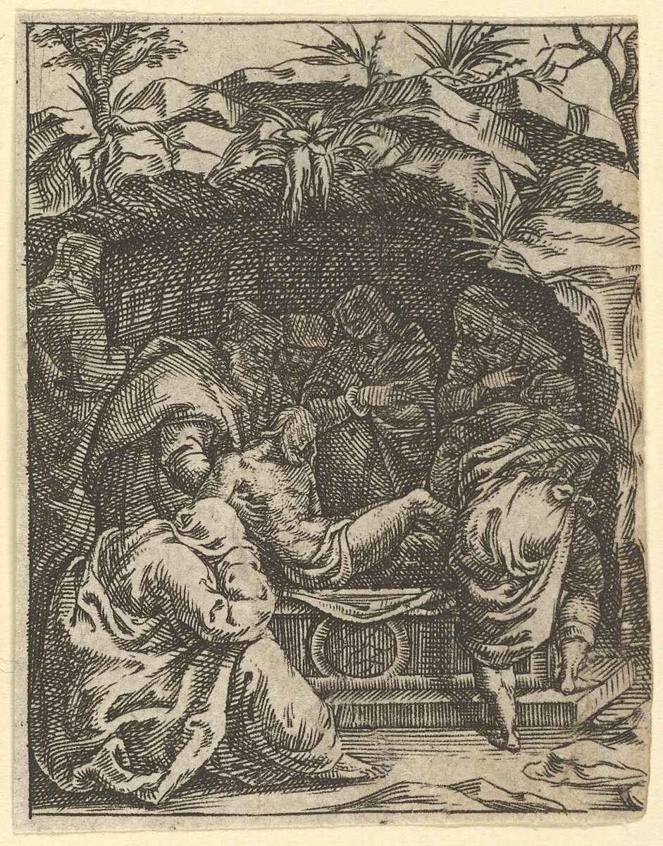 The Virgin of Sorrows: The Entombment; one of nine surrounding compartments from the Virgin of Sorrows, now separated, Engraved by Giorgio Ghisi (Italian, Mantua ca. 1520–1582 Mantua), Engraving 