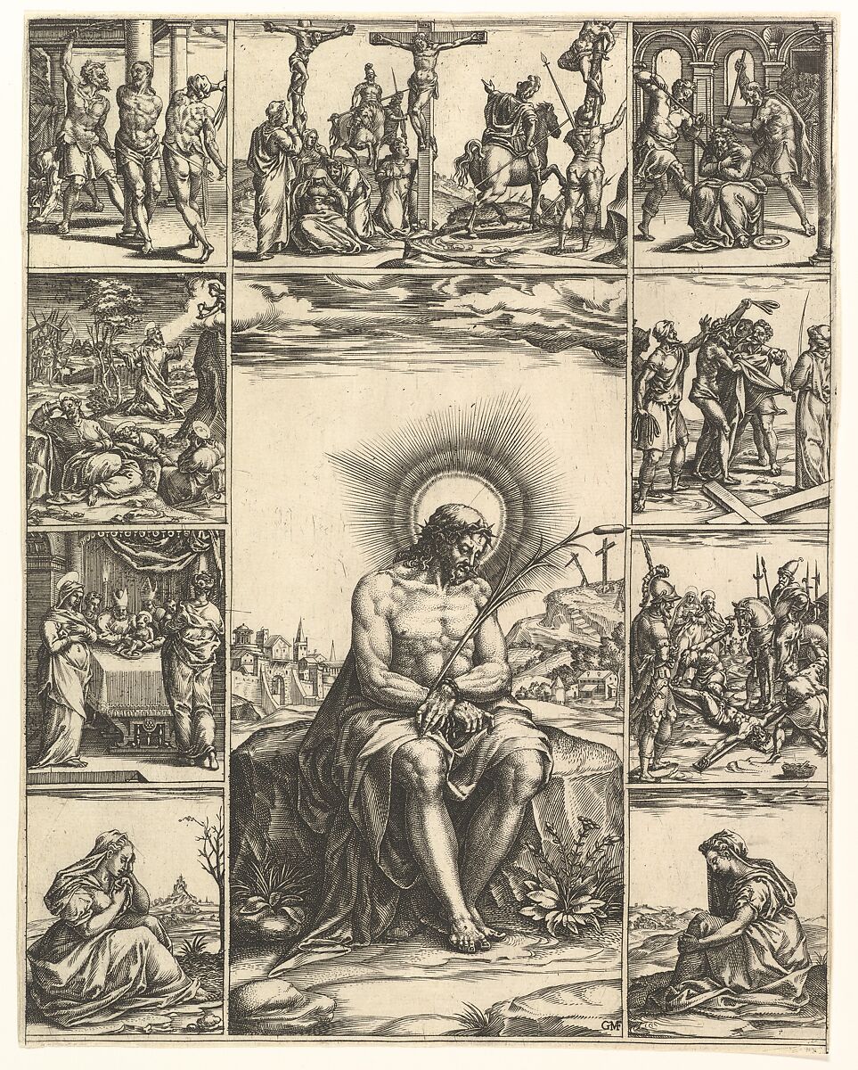 The Man of Sorrows; an image of Christ surrounded by nine vignettes depicting scenes of the Passion, Engraved by Giorgio Ghisi (Italian, Mantua ca. 1520–1582 Mantua), Engraving 