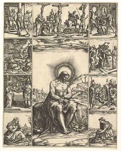 The Man of Sorrows; an image of Christ surrounded by nine vignettes depicting scenes of the Passion
