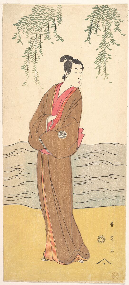 The Third Segawa Kikunojo as Hisamatsu Standing on the Bank, Katsukawa Shun&#39;ei 勝川春英 (Japanese, 1762–1819), Woodblock print; ink and color on paper, Japan 
