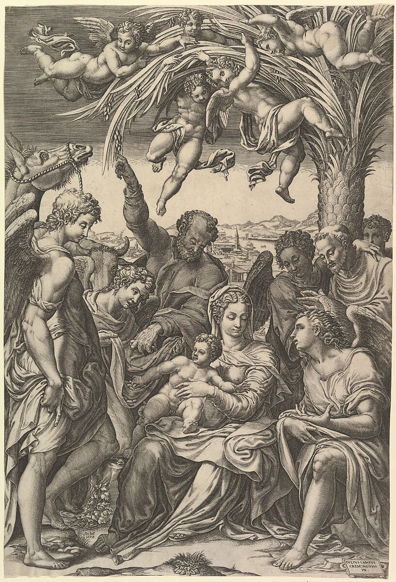 Rest on the Flight into Egypt; the Holy Family under a palm tree surrounded by angels, putti, and a male cleric or saint, Giorgio Ghisi (Italian, Mantua ca. 1520–1582 Mantua), Engraving; first state of five (BLL) 