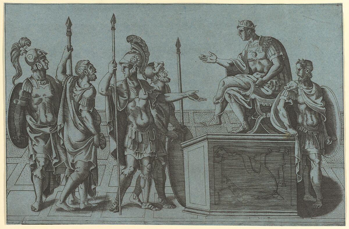 Roman Soldiers Before an Emperor, Attributed to Giorgio Ghisi (Italian, Mantua ca. 1520–1582 Mantua), Engraving on blue paper 