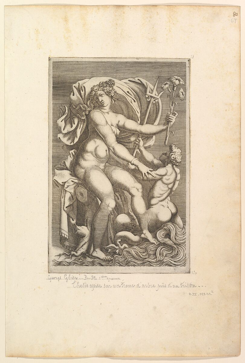 Thetis Seated with a Triton, Anonymous, Italian?, 16th century, Engraving 