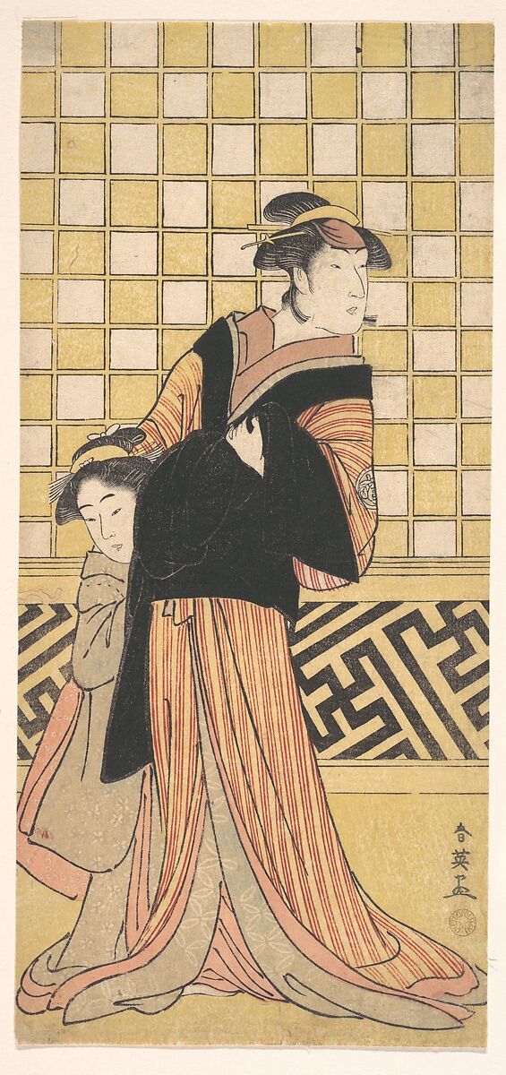 Wakayama Tomisaburo as a Woman in a Yellow and Red-Brown Striped Kimono, Katsukawa Shun&#39;ei 勝川春英 (Japanese, 1762–1819), Woodblock print; ink and color on paper, Japan 