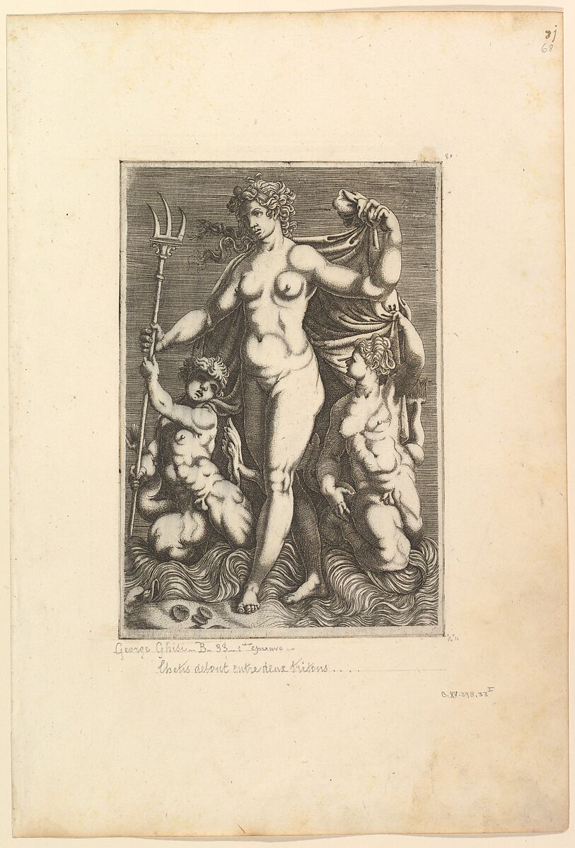 Thetis Standing with Two Tritons, Anonymous, Italian?, 16th century, Engraving 