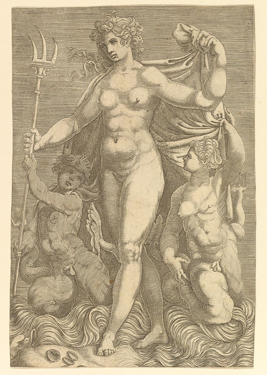 Thetis Standing with Two Tritons, Anonymous, Italian?, 16th century, Engraving 