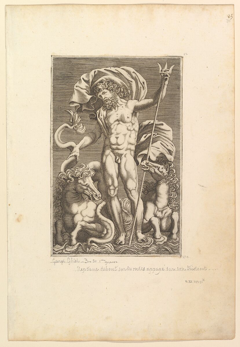 Neptune Between Two Sea Horses, Anonymous, Italian?, 16th century, Engraving 