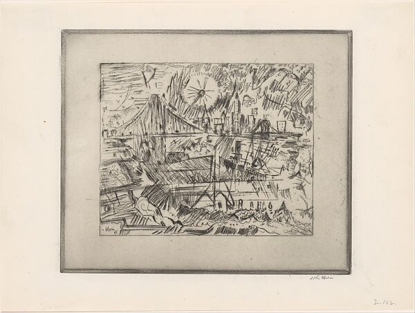 Brooklyn Bridge from Brooklyn (The Sun), John Marin (American, Rutherford, New Jersey 1870–1953 Cape Split, Maine), Etching 