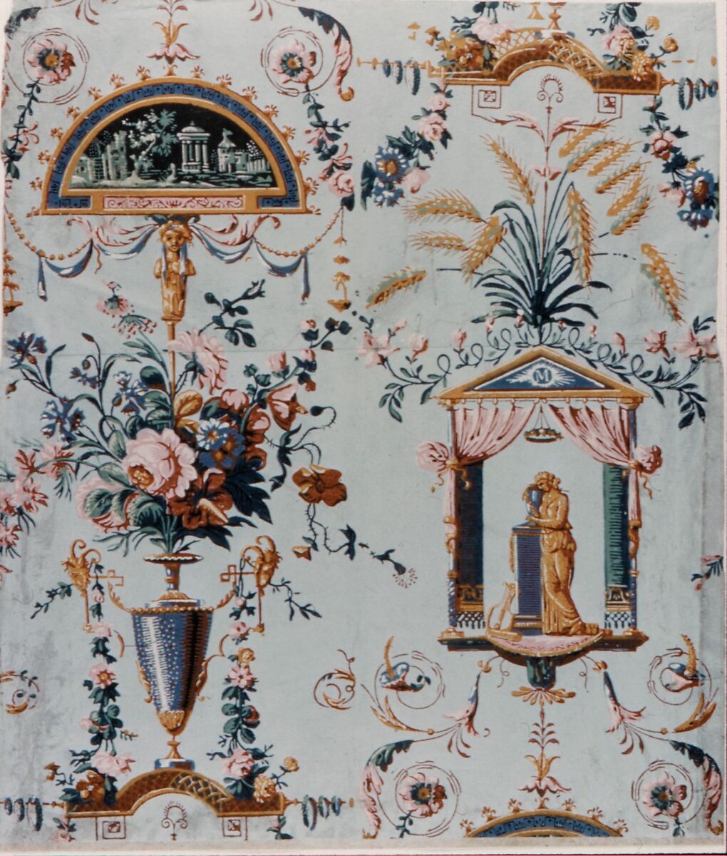 Floral Wallpaper with Classical Elements, Manufactured by Réveillon (French, 18th century), Block-printed wallpaper 